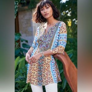 Soft Surroundings Fifi Top Multicolor Floral Embroidered Boho Top Lg Petite